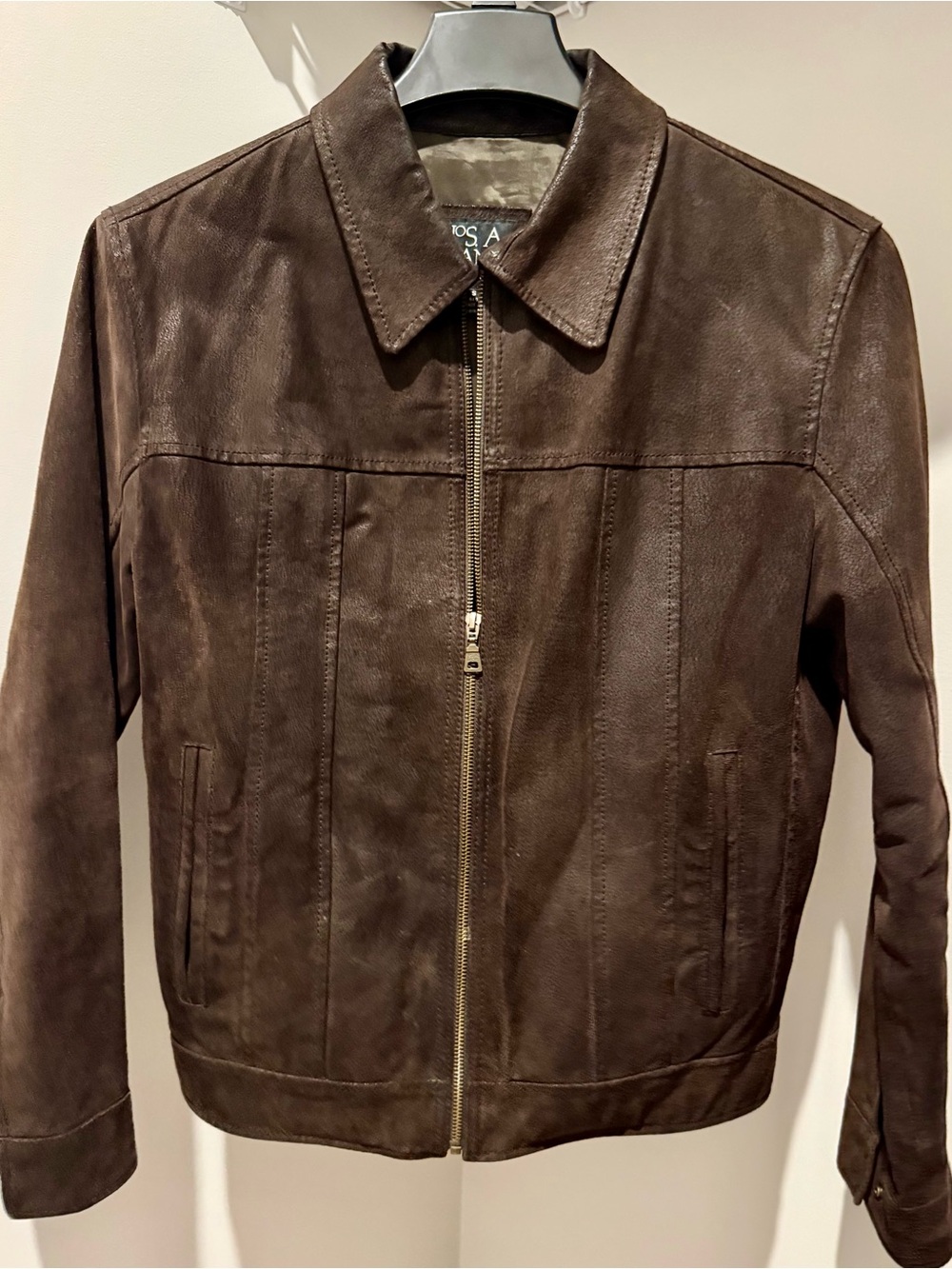 Jos. A. Bank Brown Leather Zip-Front Bomber Jacket